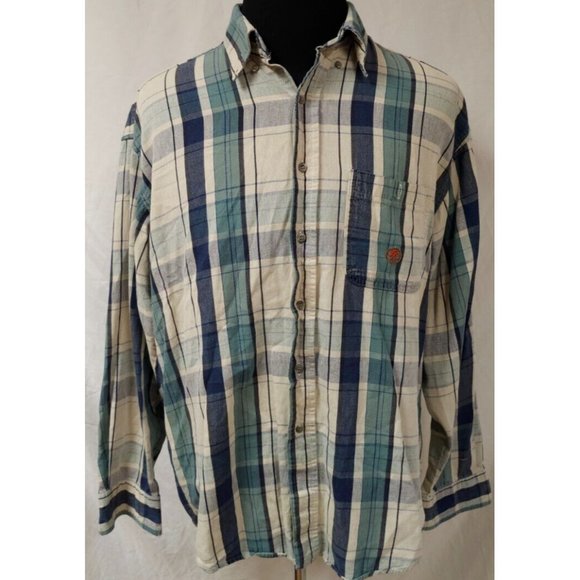 Wrangler Twenty X  17.5 35/36 Green Blue Plaid Long Sleeve Heavy Button Shirt - Picture 1 of 12